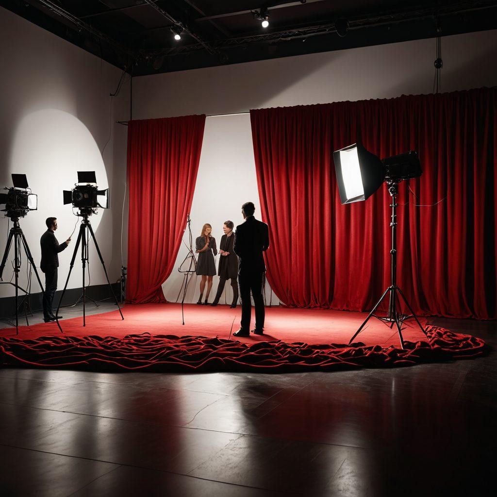 A dimly lit film set with low-hanging spotlights casting dramatic shadows, revealing a director in action, camera crew adjusting equipment, and actors rehearsing intense scenes. Onlookers from behind a red-velvet rope, hinting at exclusivity. Vintage cinema elements subtly incorporated. Cinematic. dark tones. white background.