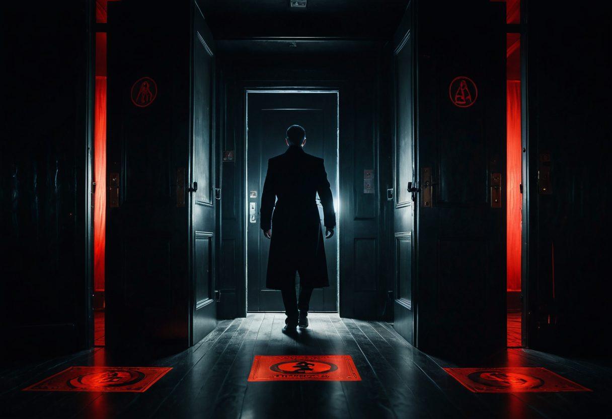 A shadowy figure navigating through a series of doors, each with alluring glow and marked with warning signs, representing forbidden paths. A balance scale in the background tipped with rewards and risks symbolically balanced. Mysterious and provocative atmosphere. cinematic. dark tones. high contrast.