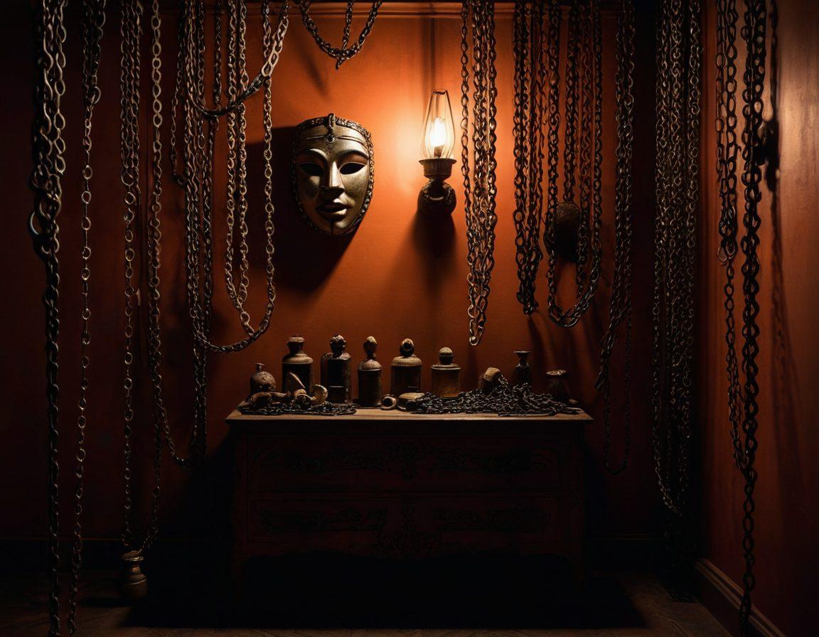 An evocative scene featuring a dimly-lit, mysterious room with shadows and soft lighting highlighting forbidden objects like chains and masks, hinting at mature themes without explicit content. The atmosphere should be sensual and enigmatic, with rich, deep colors. painting. vibrant colors. dramatic lighting.